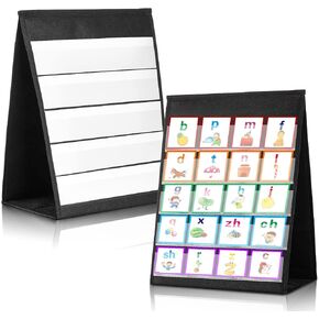 2 Pcs Black Double Sided Pocket Chart Tabletop Desktop Pocket Chart with 40 Pcs Dry Erase Cards Self Standing Teaching Pocket Chart for Kids Teacher Classroom Home Schedule Display, 13 x 17 Inches