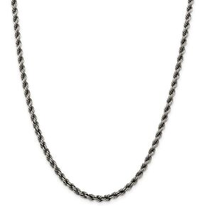 Solid 925 Sterling Silver Ruthenium 4mm Rope Chain Necklace - with Secure Lobster Lock Clasp
