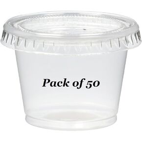 Plastic Disposable Portion Cups - Jello Shot Cup - The Perfect Souffle Cup (1 Ounce, Package of 50 Cups With Lids)