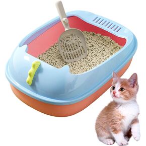 Open Cat Litter Box, Anti-Splashing Cat Toilet with Litter Sifting Scoop Prevent Sand Leakage Cat Litter Pan Semi-Enclosed Removable Kitten Litter Box (Green, Small)