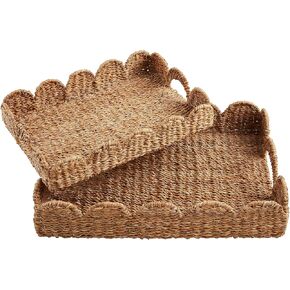 Mud Pie Nested Scallop Woven Trays Set, 21.63"x15.75", BROWN