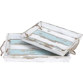 Deco 79 Coastal Wood Rectangle Tray, Set of 2 18", 15"W, White