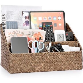 BTSKY Woven Storage Basket Natural Seagrass Vertical Wicker Storage Baskets with 4 Compartments Desk Organizers and Storage Magazine File Holder Home Office Supplies Sorter Rack, Caramel