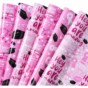 WRAPAHOLIC Graduation Wrapping Paper Sheet - 6 Sheets Pink Graduation Trencher Cap Design Folded Flat for Party, Celebration - 19.7 Inch X 27.5 Inch Per Sheet