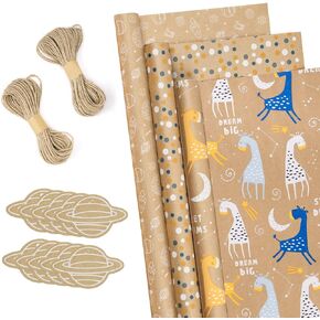 BIOBROWN Birthday Wrapping Paper Rolls Set with Tags, Jute String - 17 Inch X 10 Feet per Roll - Star Designs for Kids Boys Girls Baby Shower Packing 3 Rolls