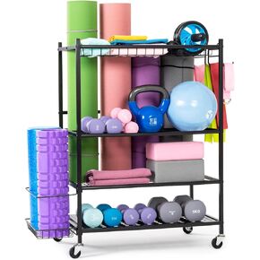 UMINEUX Yoga Mat Storage Racks, Home Gym Storage for Foam Roller, Dumbbells, Kettlebells, All in One Workout Equipment Storage Organizer with Hooks and Wheels