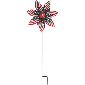 Stars& Stripes Red White Blue Metal Kinetic Wind Spinner Patriotic Garden Stake - American Flag Themed Outdoor Flowerbed, Yard and Lawn Décor 39 Inches High