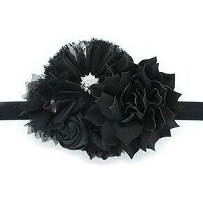Headband Shabby Fabric Flower Cluster Baby - Infant - Toddler - Girl Stretchy Elastic Black
