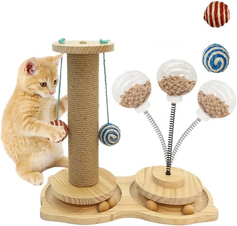 عمود خدش للقطط مزود بمسار كروي خشبي وموزع مكافآت القطط، 4 كرات سيزال متدلية للقطط الصغيرة in Kuwait