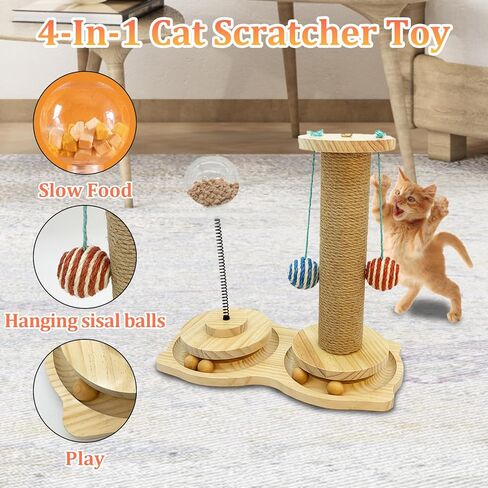 عمود خدش للقطط مزود بمسار كروي خشبي وموزع مكافآت القطط، 4 كرات سيزال متدلية للقطط الصغيرة in Kuwait