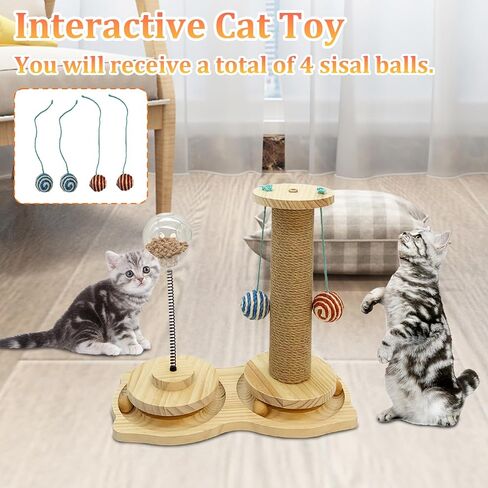 عمود خدش للقطط مزود بمسار كروي خشبي وموزع مكافآت القطط، 4 كرات سيزال متدلية للقطط الصغيرة in Kuwait