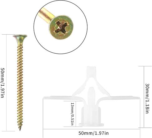 مجموعة مرساة الحوائط الجافة - مجموعة متنوعة من مرساة الحوائط الجافة والجدار المجوف، للجدران الجافة والمراسي والمسامير وخطافات مرساة الحائط ومرساة تبديل الباب المجوف (أبيض 100 قطعة) in Kuwait