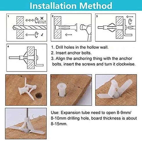 مجموعة مرساة الحوائط الجافة - مجموعة متنوعة من مرساة الحوائط الجافة والجدار المجوف، للجدران الجافة والمراسي والمسامير وخطافات مرساة الحائط ومرساة تبديل الباب المجوف (أبيض 100 قطعة) in Kuwait