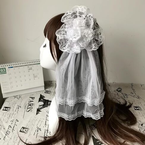 Lolita Veil White Rose Pill Hair Clips Lace Edge Handmade Gothic Gorgeous Cosplay Hair Accessories for Tea Party Prom Princess Hairpin in Saudi Arabia