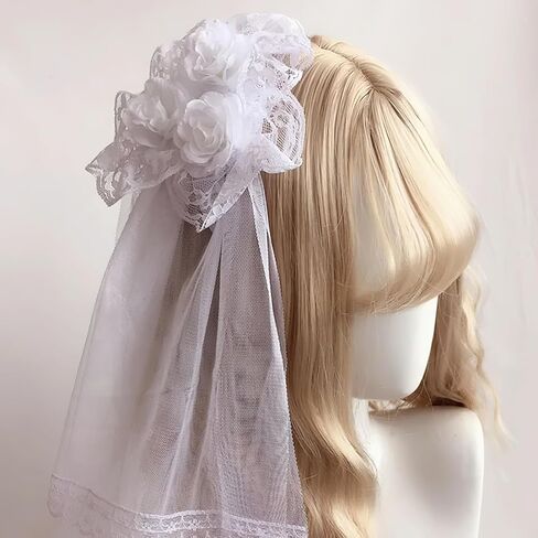 Lolita Veil White Rose Pill Hair Clips Lace Edge Handmade Gothic Gorgeous Cosplay Hair Accessories for Tea Party Prom Princess Hairpin in Saudi Arabia