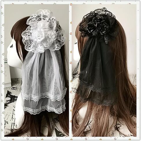 Lolita Veil White Rose Pill Hair Clips Lace Edge Handmade Gothic Gorgeous Cosplay Hair Accessories for Tea Party Prom Princess Hairpin in Saudi Arabia
