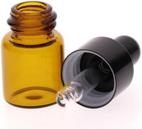 عبوة مكونة من 100,2 مل (5/8 درام) زجاجة قطارة زجاجية كهرمانية، عينة فارغة قارورة زجاجية للعين قطارة عطرية سائلة للعلاج العطري مع ماصة زجاجية وأغطية ألومنيوم سوداء in Kuwait