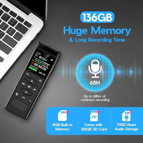 136GB Digital Voice Recorder One Click, Voice Recorder with Playback HD Recording Easy Control, Large Screen 7000 Hours Sound Audio Recorder Recording Tape for Lectures Meeting MP3 Player in Saudi Arabia