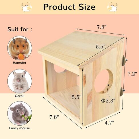 Vehomy Hamster Wood House Hideout with Acrylic Plate for Clear Observation Hamster Sand Bath Container Hamster Digging Box for Mice Gerbils Mouse in Saudi Arabia