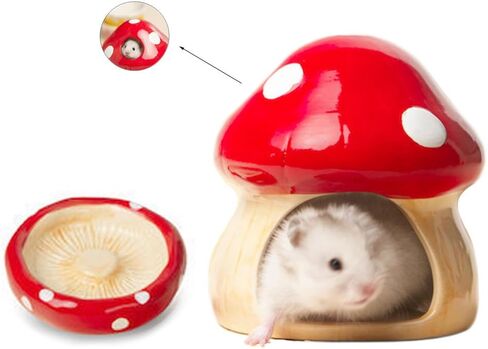 Hamster Mushroom House & Bowl, Small Animal Safe Ceramic Hideout, Adorable Cartoon Shape, Mini Hut Hideout Cave Cage Accessories for Chinchilla, Mice. Relax Habitat Photo Toys in Kuwait