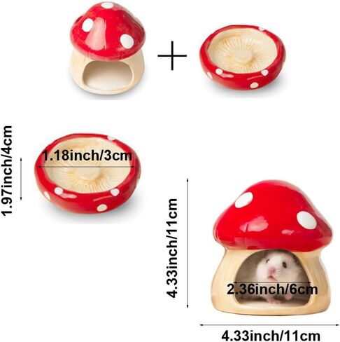 Hamster Mushroom House & Bowl, Small Animal Safe Ceramic Hideout, Adorable Cartoon Shape, Mini Hut Hideout Cave Cage Accessories for Chinchilla, Mice. Relax Habitat Photo Toys in Kuwait