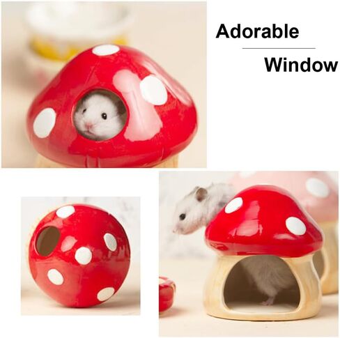Hamster Mushroom House & Bowl, Small Animal Safe Ceramic Hideout, Adorable Cartoon Shape, Mini Hut Hideout Cave Cage Accessories for Chinchilla, Mice. Relax Habitat Photo Toys in Kuwait