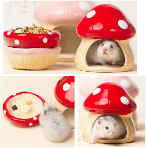 Hamster Mushroom House & Bowl, Small Animal Safe Ceramic Hideout, Adorable Cartoon Shape, Mini Hut Hideout Cave Cage Accessories for Chinchilla, Mice. Relax Habitat Photo Toys in Kuwait