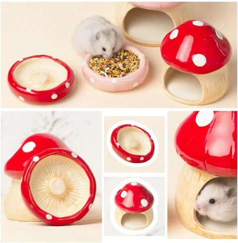 Hamster Mushroom House & Bowl, Small Animal Safe Ceramic Hideout, Adorable Cartoon Shape, Mini Hut Hideout Cave Cage Accessories for Chinchilla, Mice. Relax Habitat Photo Toys in Kuwait