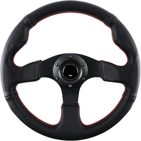 عجلة قيادة سباق مقاس 13 بوصة، 3 قضبان ألومنيوم و6 مسامير مع زر قرن، عجلة قيادة جلدية مخيطة باللون الأحمر (أسود) in Kuwait