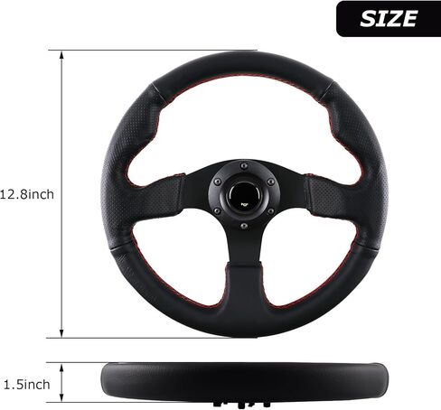 عجلة قيادة سباق مقاس 13 بوصة، 3 قضبان ألومنيوم و6 مسامير مع زر قرن، عجلة قيادة جلدية مخيطة باللون الأحمر (أسود) in Kuwait