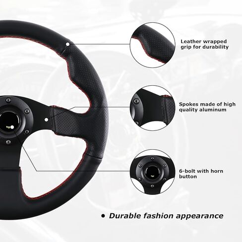 عجلة قيادة سباق مقاس 13 بوصة، 3 قضبان ألومنيوم و6 مسامير مع زر قرن، عجلة قيادة جلدية مخيطة باللون الأحمر (أسود) in Kuwait