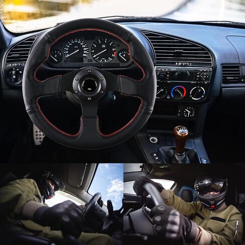 عجلة قيادة سباق مقاس 13 بوصة، 3 قضبان ألومنيوم و6 مسامير مع زر قرن، عجلة قيادة جلدية مخيطة باللون الأحمر (أسود) in Kuwait