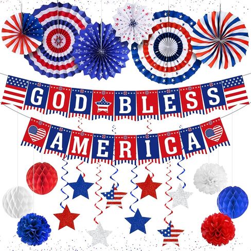 Memorial Day Decorations, Patriotic Party Decorations for The Home, Red White and Blue Paper Fans Decorations for 4th of July Party Decor Star and Streamer Hanging Swirls in Saudi Arabia