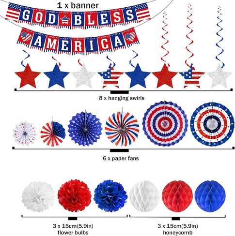 Memorial Day Decorations, Patriotic Party Decorations for The Home, Red White and Blue Paper Fans Decorations for 4th of July Party Decor Star and Streamer Hanging Swirls in Saudi Arabia