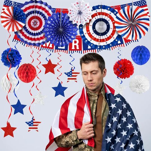 Memorial Day Decorations, Patriotic Party Decorations for The Home, Red White and Blue Paper Fans Decorations for 4th of July Party Decor Star and Streamer Hanging Swirls in Saudi Arabia