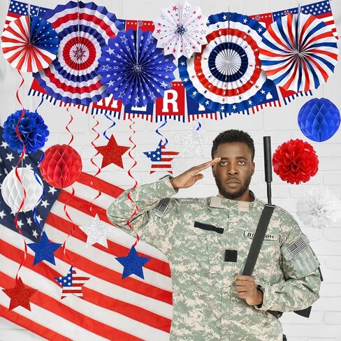 Memorial Day Decorations, Patriotic Party Decorations for The Home, Red White and Blue Paper Fans Decorations for 4th of July Party Decor Star and Streamer Hanging Swirls in Saudi Arabia
