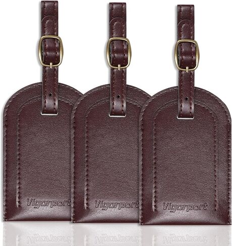 بطاقة الأمتعة Vigorport، 3 عبوات من بطاقات الأمتعة المصنوعة من جلد البولي يوريثان الفاخر، 4 عبوات من ملصقات حقائب الحقائب (بني) in Kuwait