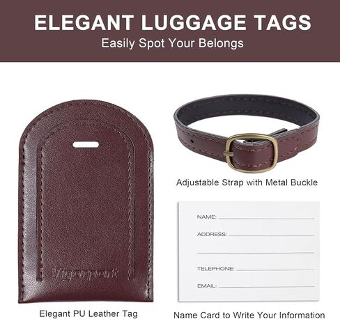 بطاقة الأمتعة Vigorport، 3 عبوات من بطاقات الأمتعة المصنوعة من جلد البولي يوريثان الفاخر، 4 عبوات من ملصقات حقائب الحقائب (بني) in Kuwait