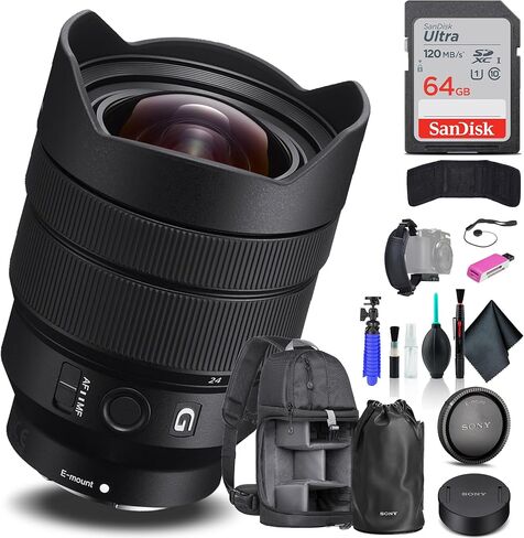 عدسة Sony FE مقاس 12-24 مم f/4 G SEL1224G، حقيبة ظهر، بطاقة 64 جيجابايت، قارئ بطاقات، حامل ثلاثي مرن، محفظة بطاقة الذاكرة، حافظة للغطاء، مجموعة تنظيف، حزام يد، والمزيد in Saudi Arabia