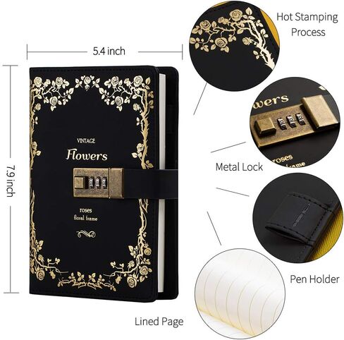 CAGIE Diary with Lock for Women Lockable Secrets Journal, Hot Foil Stamping Embossed Design Cover Black Diary, 224 Pages Thick Refillable Journal with Lock for Adults Kids in Saudi Arabia