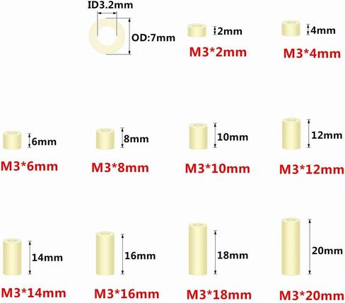 100pcs 10-Sizes ABS Plastic Round Spacers Assortment Kit for M3 Screws OD 7mm ID 3.2mm,Length 2mm 4mm 6mm 8mm 10mm 12mm 14mm 16mm 18mm 20mm in Saudi Arabia