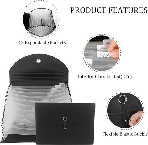 توسيع مجلدات الملفات من جلد البولي يوريثان، حقيبة منظم ملفات الأعمال، مجلدات الجيب المحمولة، 13 جيبًا، حجم حرف A4، تخزين محفظة المستندات (أسود) in Kuwait