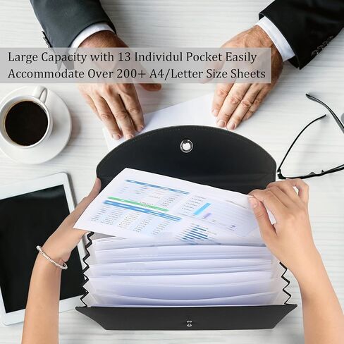 توسيع مجلدات الملفات من جلد البولي يوريثان، حقيبة منظم ملفات الأعمال، مجلدات الجيب المحمولة، 13 جيبًا، حجم حرف A4، تخزين محفظة المستندات (أسود) in Kuwait