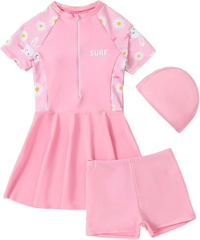 Verdusa Girl's 3 Piece Tankini Set Short Sleeve Rash Guard Swimsuit with Swim Hat in Saudi Arabia