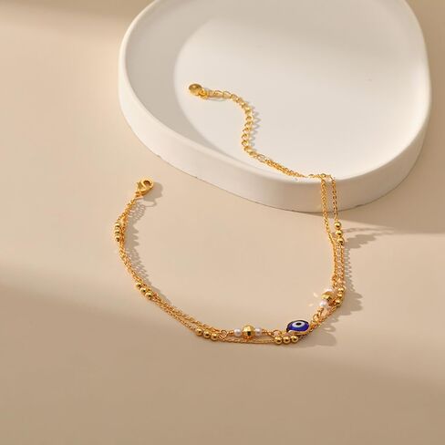 14K Gold Evil Eye Statement Anklets, Adjustable Double Layer Gold Beaded Cross Anklets, Blessing Protecting Jewelry Gifts for Women Teen Girls in Saudi Arabia