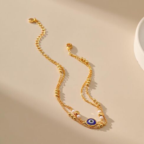 14K Gold Evil Eye Statement Anklets, Adjustable Double Layer Gold Beaded Cross Anklets, Blessing Protecting Jewelry Gifts for Women Teen Girls in Saudi Arabia