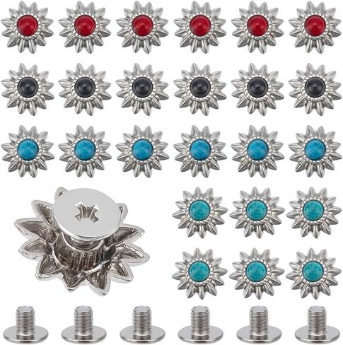 WADORN 24 مجموعة من مسامير تزيين عباد الشمس، 4 ألوان 13 مم عتيقة من Conchos Nailhead ترصيع تقليد فيروزي دائري الشكل مصبوب برغي زر خلفي DIY إكسسوارات حرفية جلدية in Kuwait