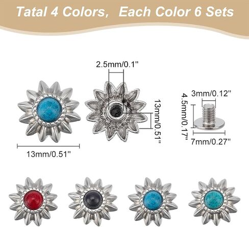 WADORN 24 مجموعة من مسامير تزيين عباد الشمس، 4 ألوان 13 مم عتيقة من Conchos Nailhead ترصيع تقليد فيروزي دائري الشكل مصبوب برغي زر خلفي DIY إكسسوارات حرفية جلدية in Kuwait