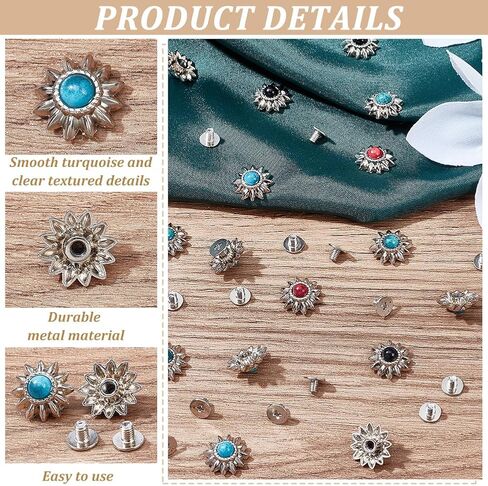 WADORN 24 مجموعة من مسامير تزيين عباد الشمس، 4 ألوان 13 مم عتيقة من Conchos Nailhead ترصيع تقليد فيروزي دائري الشكل مصبوب برغي زر خلفي DIY إكسسوارات حرفية جلدية in Kuwait