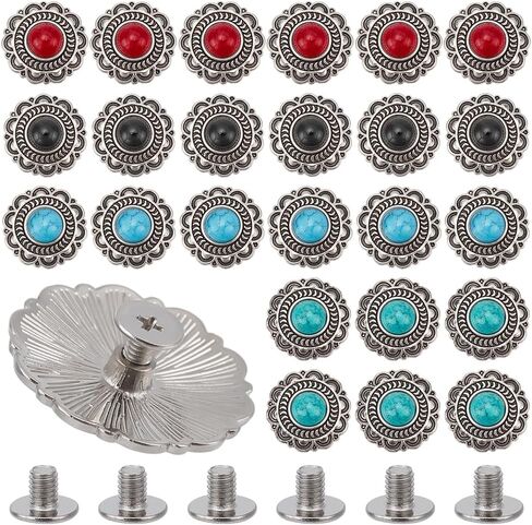 WADORN 24 مجموعة من مسامير تزيين عباد الشمس، 4 ألوان 13 مم عتيقة من Conchos Nailhead ترصيع تقليد فيروزي دائري الشكل مصبوب برغي زر خلفي DIY إكسسوارات حرفية جلدية in Kuwait